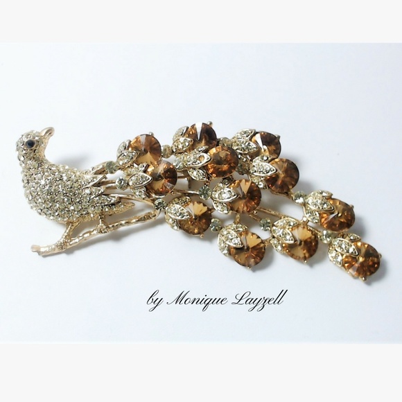 Gold Topaz Crystal Peacock Brooch - Picture 1 of 1